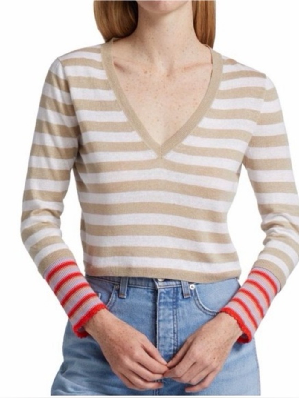 Veronica Beard Beige/White/Multi‎ Florrie Striped V-Neck Sweater size medium